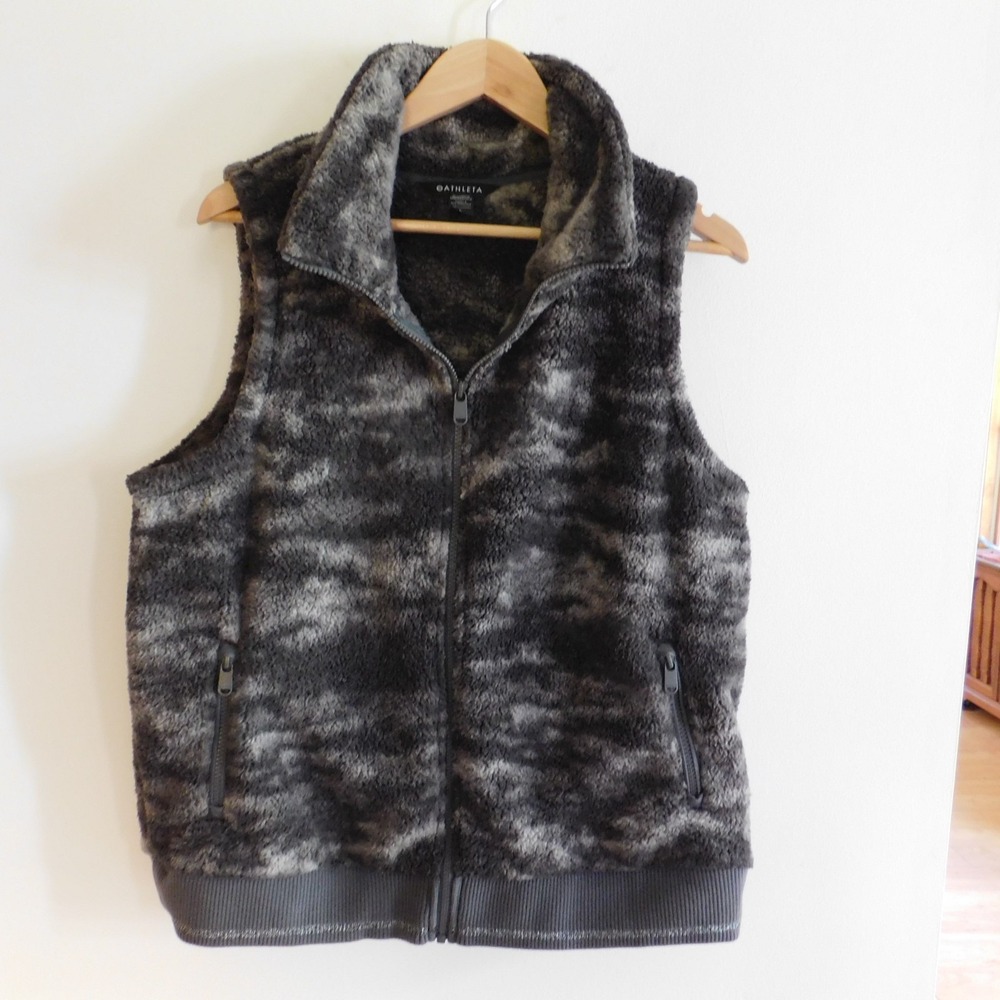 Athleta Tugga Sherpa Fleece Full Zip Vest Fog Camo Bluff Gray Women's Size L